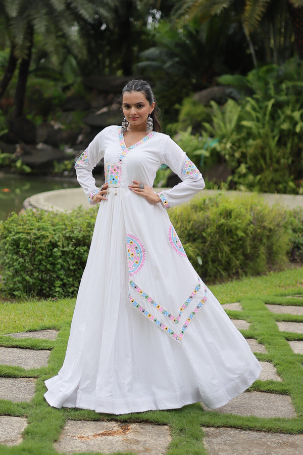 Lorenvalley White Rayon Fabric With Kutchi Gamthi Lace Gown