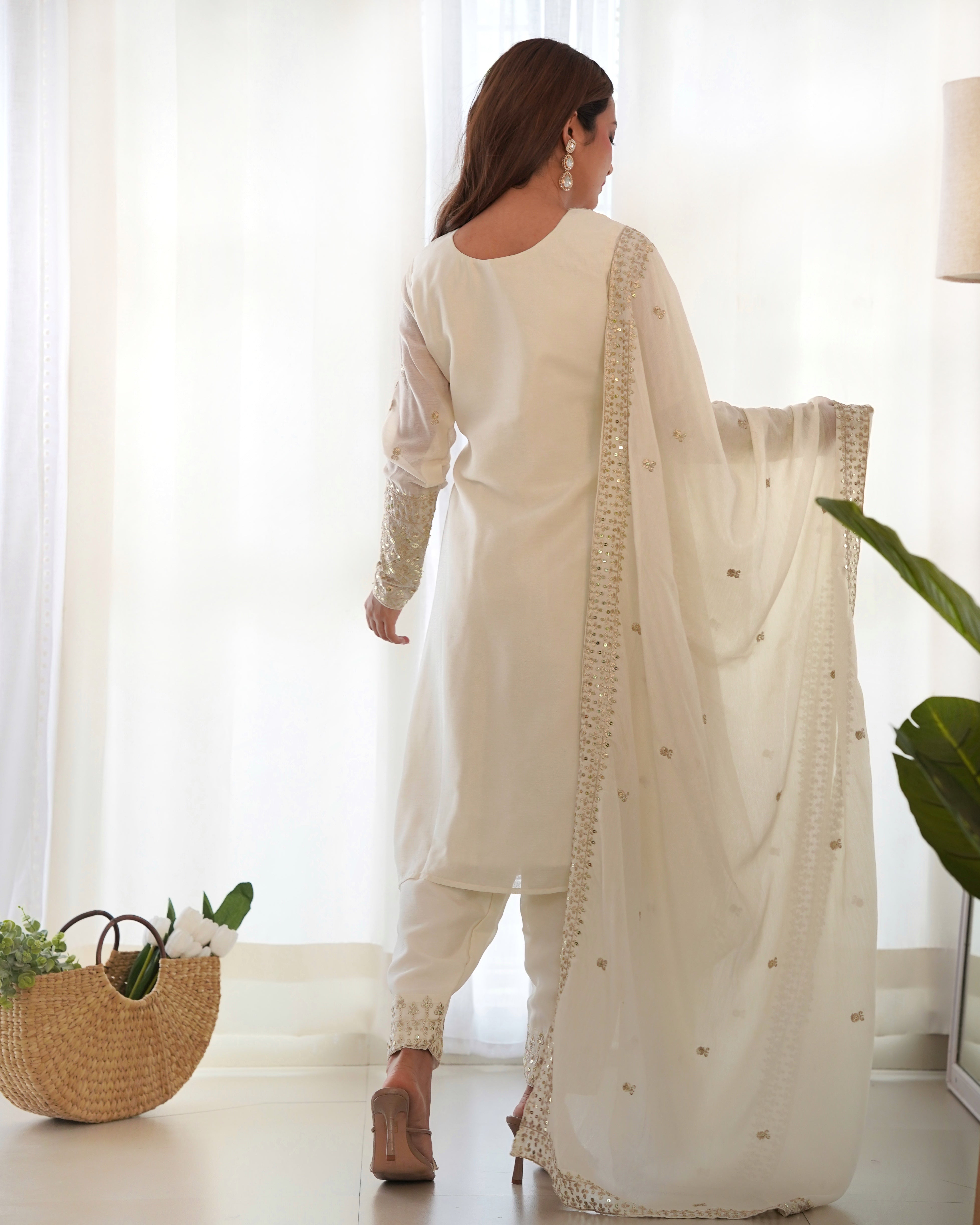 Lorenvalley Chinon Silk Embroidery Sequence zari work Kurta Pant with Dupatta Set - White - Distacart