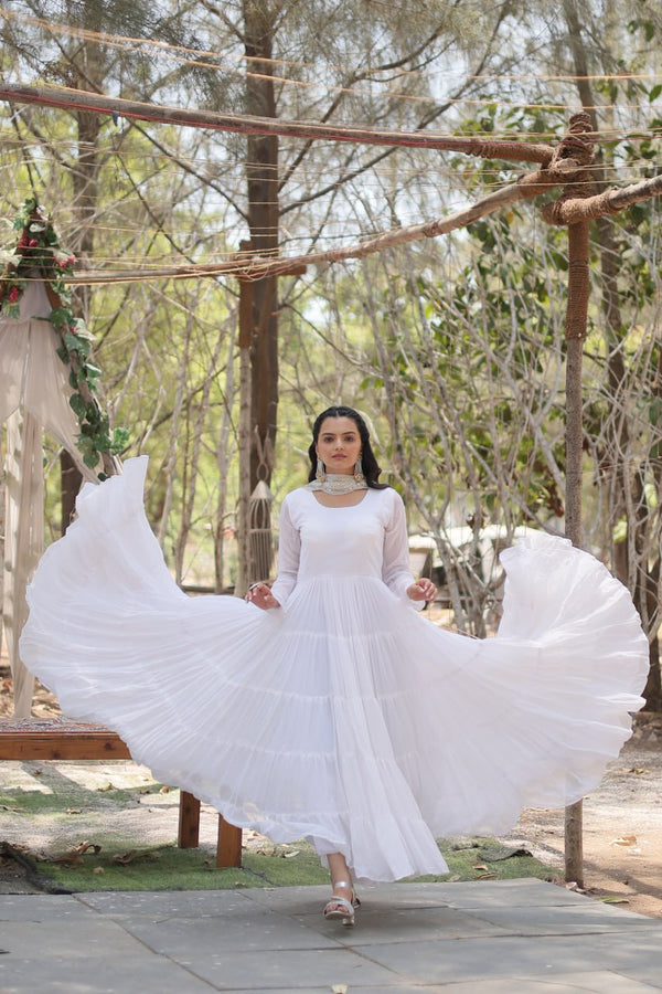 Evanik White Faux Blooming Gown With Dupatta With Rich Sequins Embroidered work