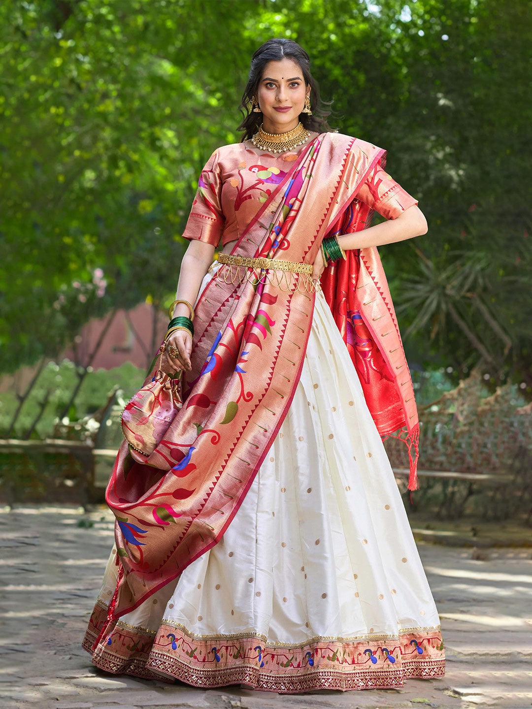 Lorenvalley White Jacquard Silk Paithani Weaving Zari Lehenga Choli with Dupatta - Distacart