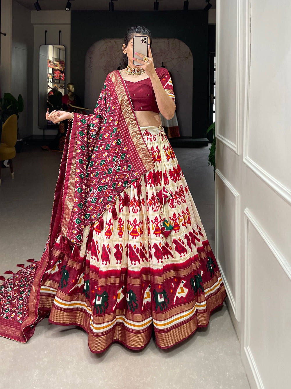 Lorenvalley White Tussar Silk Patola Print With Foil Work Lehenga Choli - Distacart
