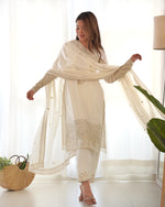Thumbnail for Lorenvalley Chinon Silk Embroidery Sequence zari work Kurta Pant with Dupatta Set - White
