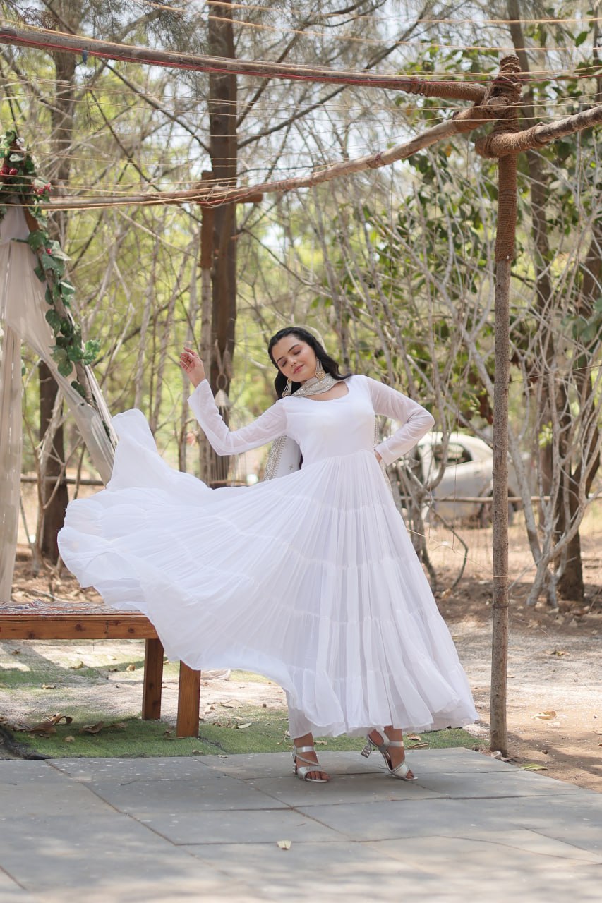 Evanik White Faux Blooming Gown With Dupatta With Rich Sequins Embroidered work