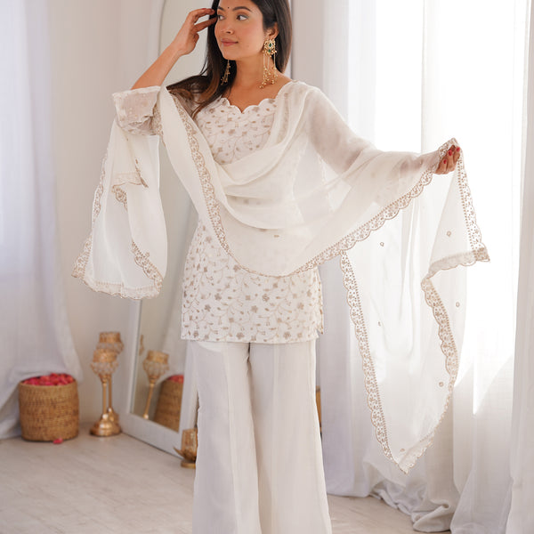 Evanik Off White Crunchy Silk Embroidery Sequins And Zari Work Kurta Pants With Dupatta - Dista