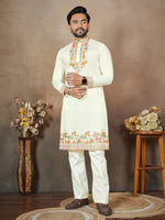 Thumbnail for Anaita White Embroidery & Sequence Work Silk Straight Kurta Set - Distacart