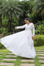 Thumbnail for Lorenvalley White Rayon Fabric With Kutchi Gamthi Lace Gown