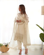Thumbnail for Lorenvalley Chinon Silk Embroidery Sequence zari work Kurta Pant with Dupatta Set - White