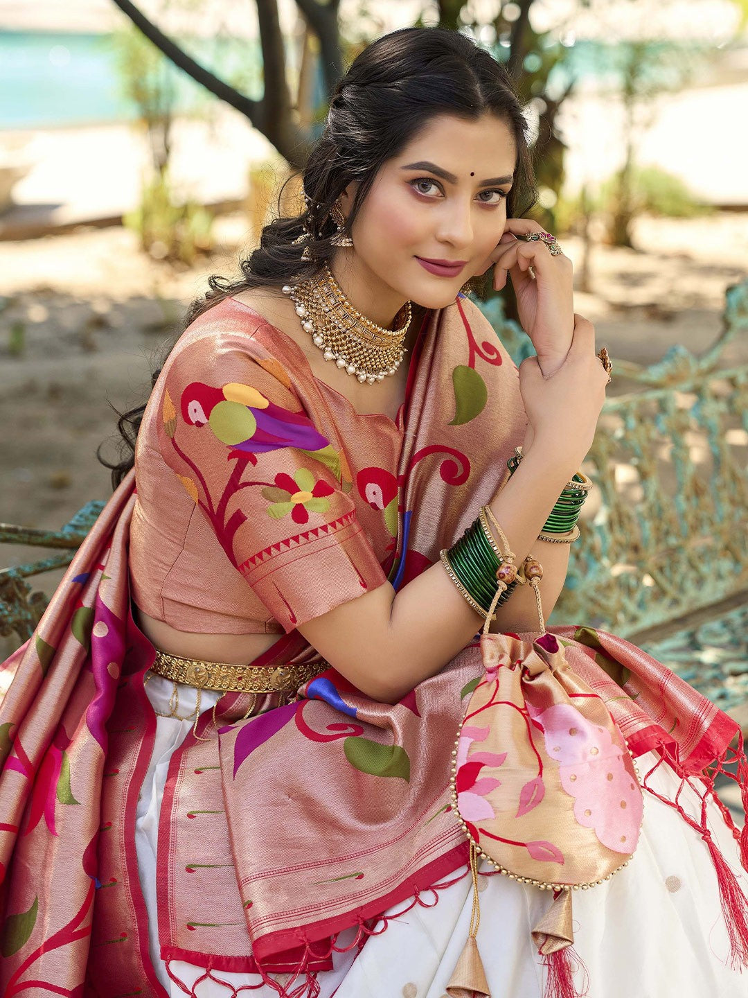 Lorenvalley White Jacquard Silk Paithani Weaving Zari Lehenga Choli with Dupatta - Distacart