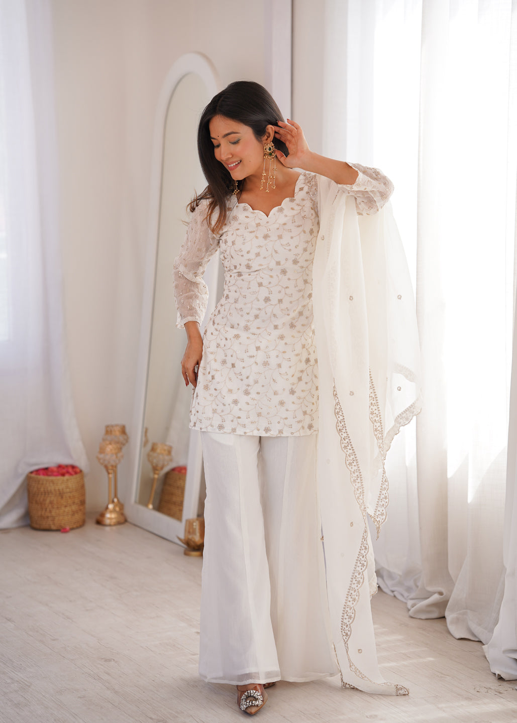 Evanik Off White Crunchy Silk Embroidery Sequins And Zari Work Kurta Pants With Dupatta - Dista