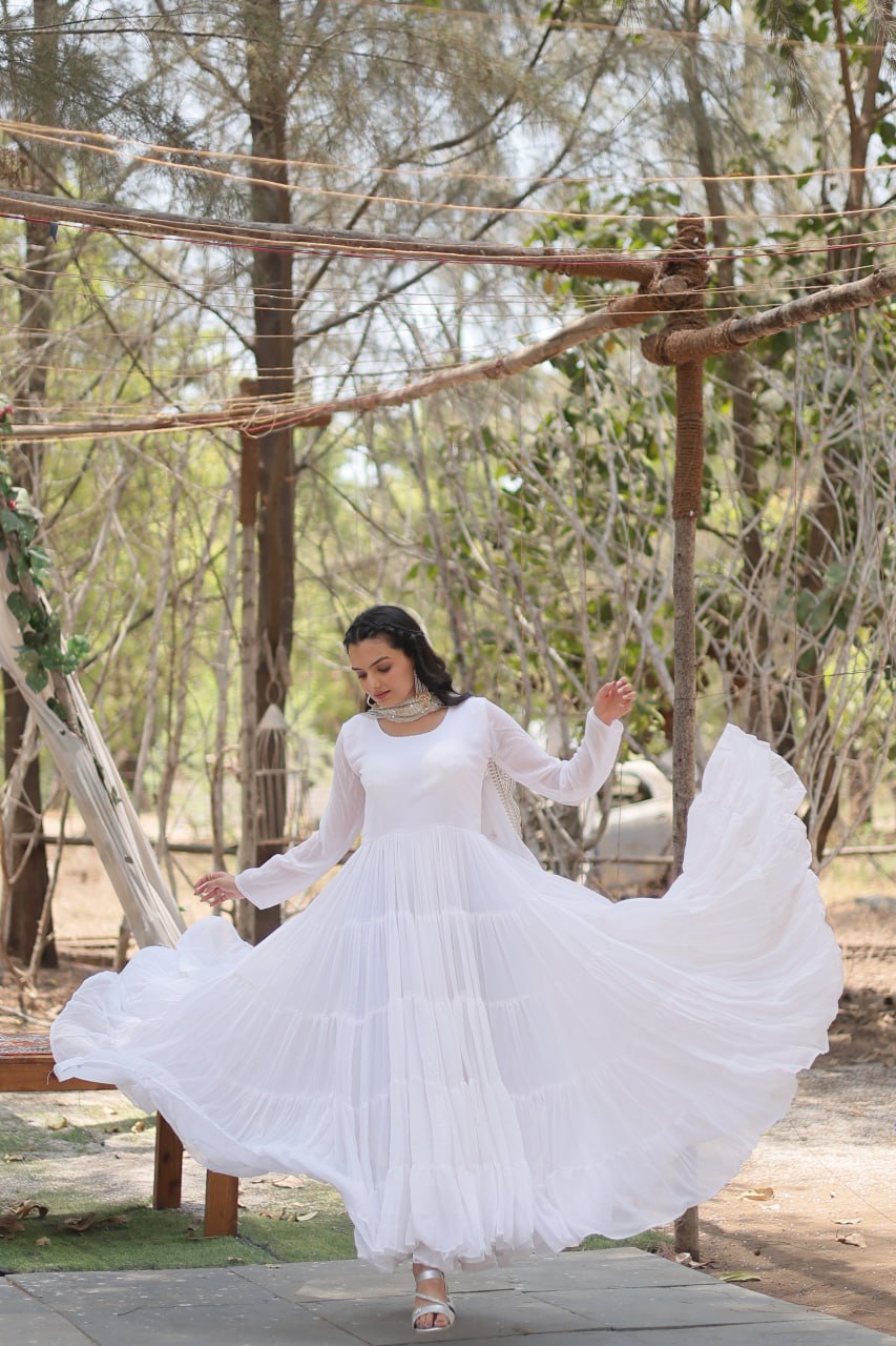 Evanik White Faux Blooming Gown With Dupatta With Rich Sequins Embroidered work