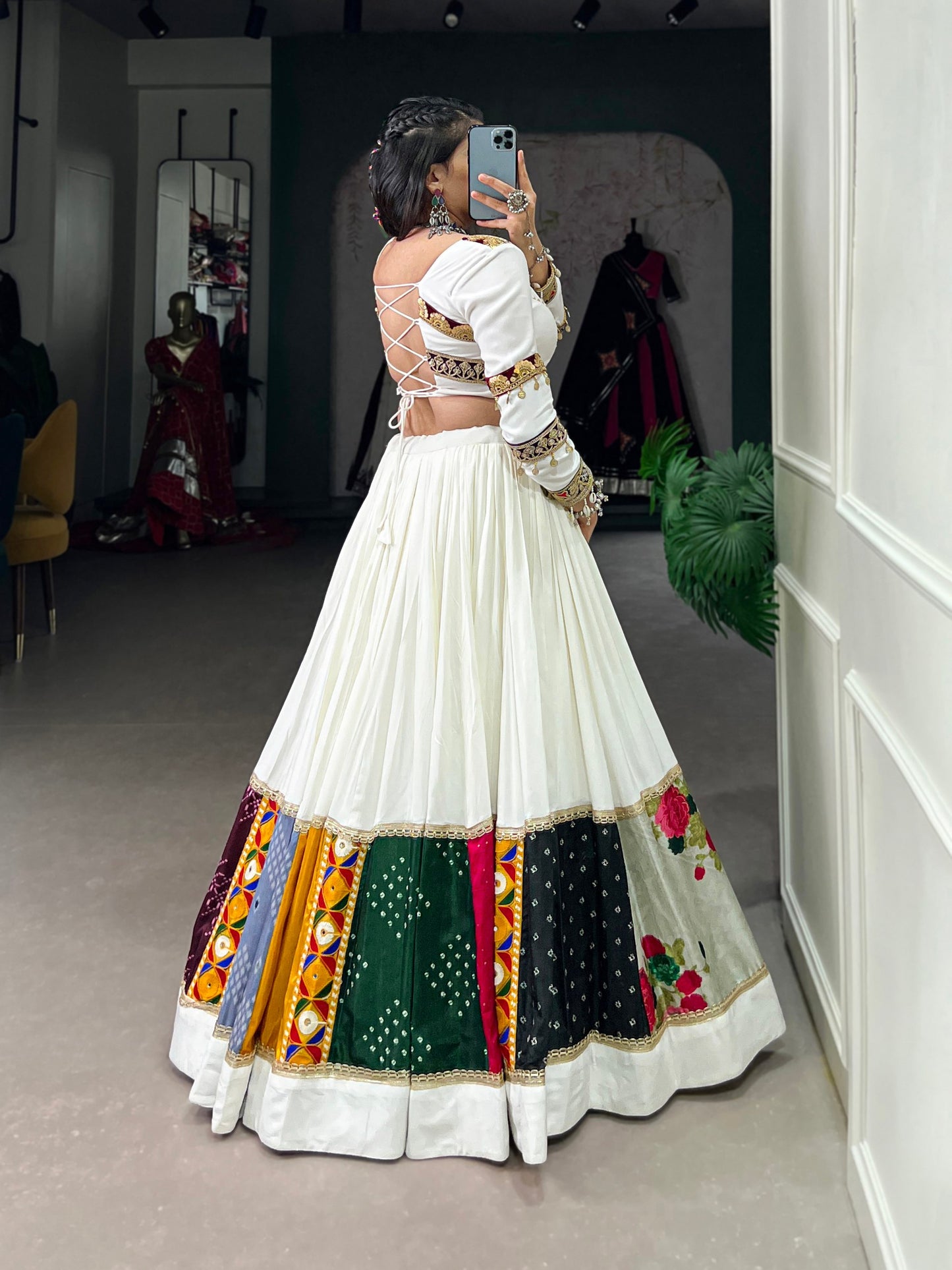Lorenvalley White Rayon Plain With Embroidery And Gamthi Patch Work Lehenga Choli - Distacart