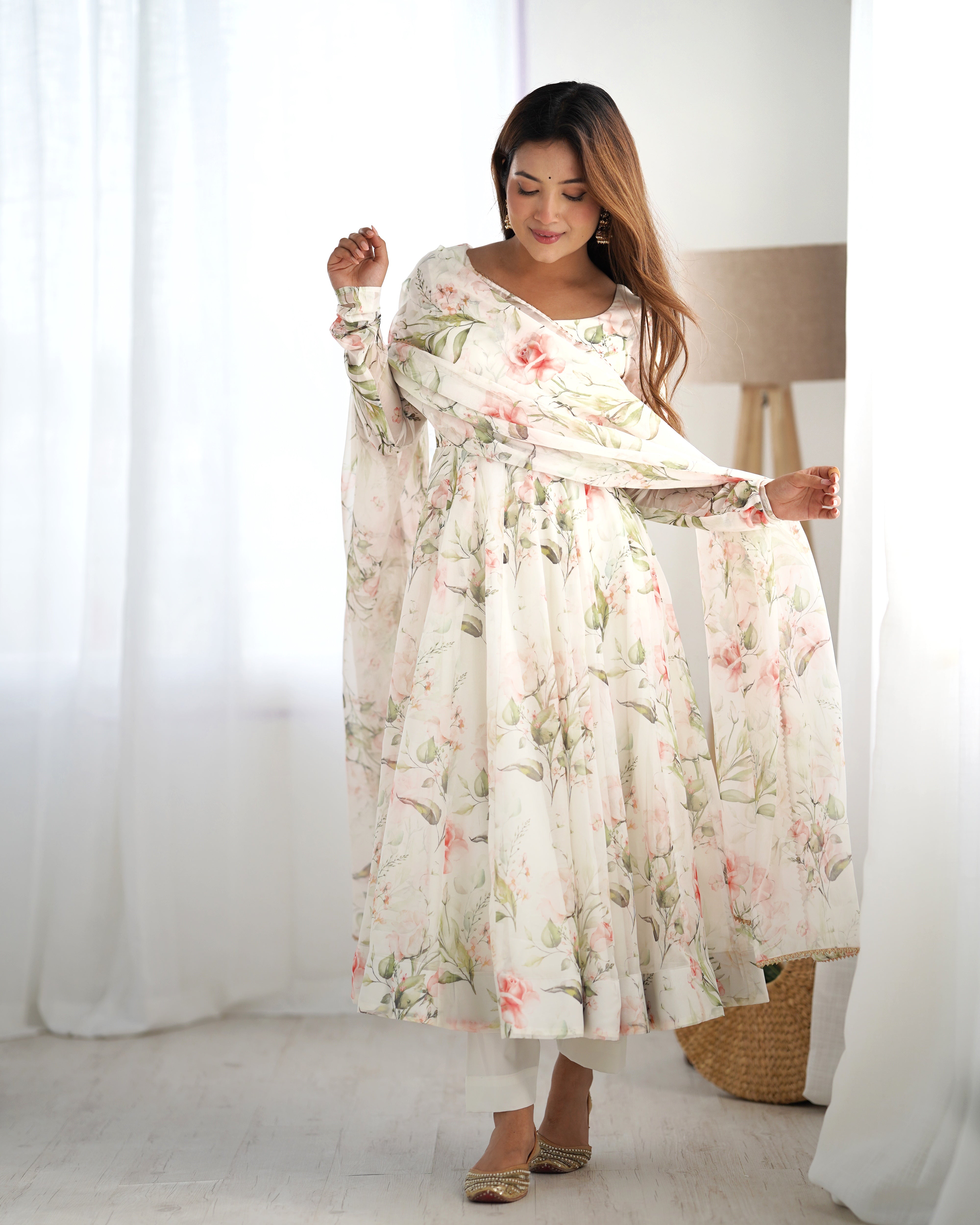 Lorenvalley White Soft Organza Silk With Floral Print Fully Flared Anarkali Pant With Dupatta Set
