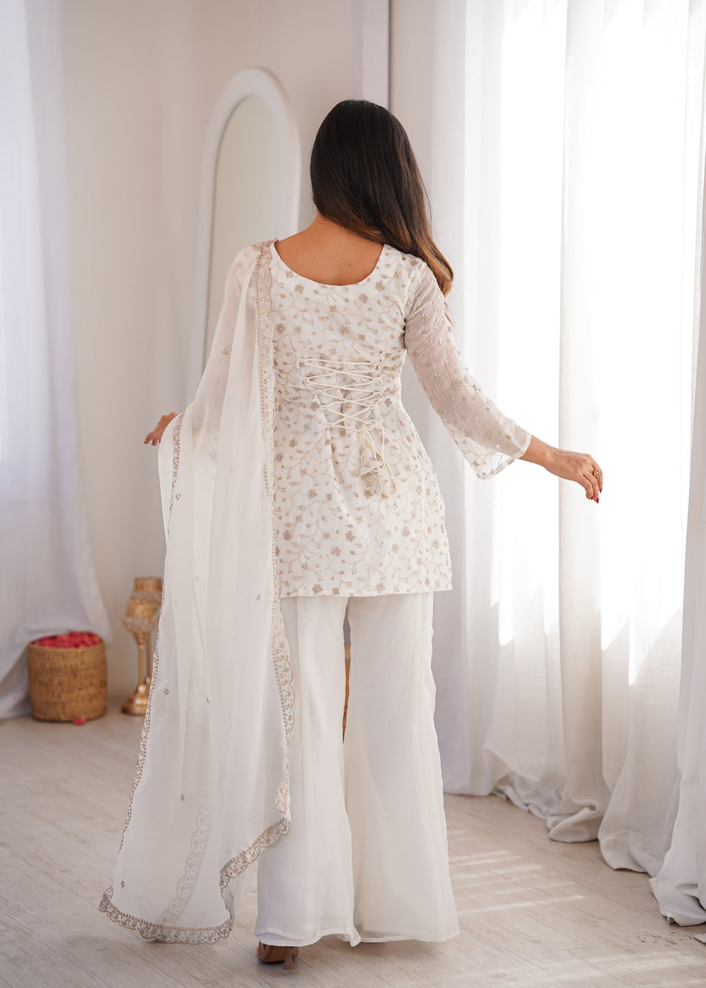 Evanik Off White Crunchy Silk Embroidery Sequins And Zari Work Kurta Pants With Dupatta - Dista