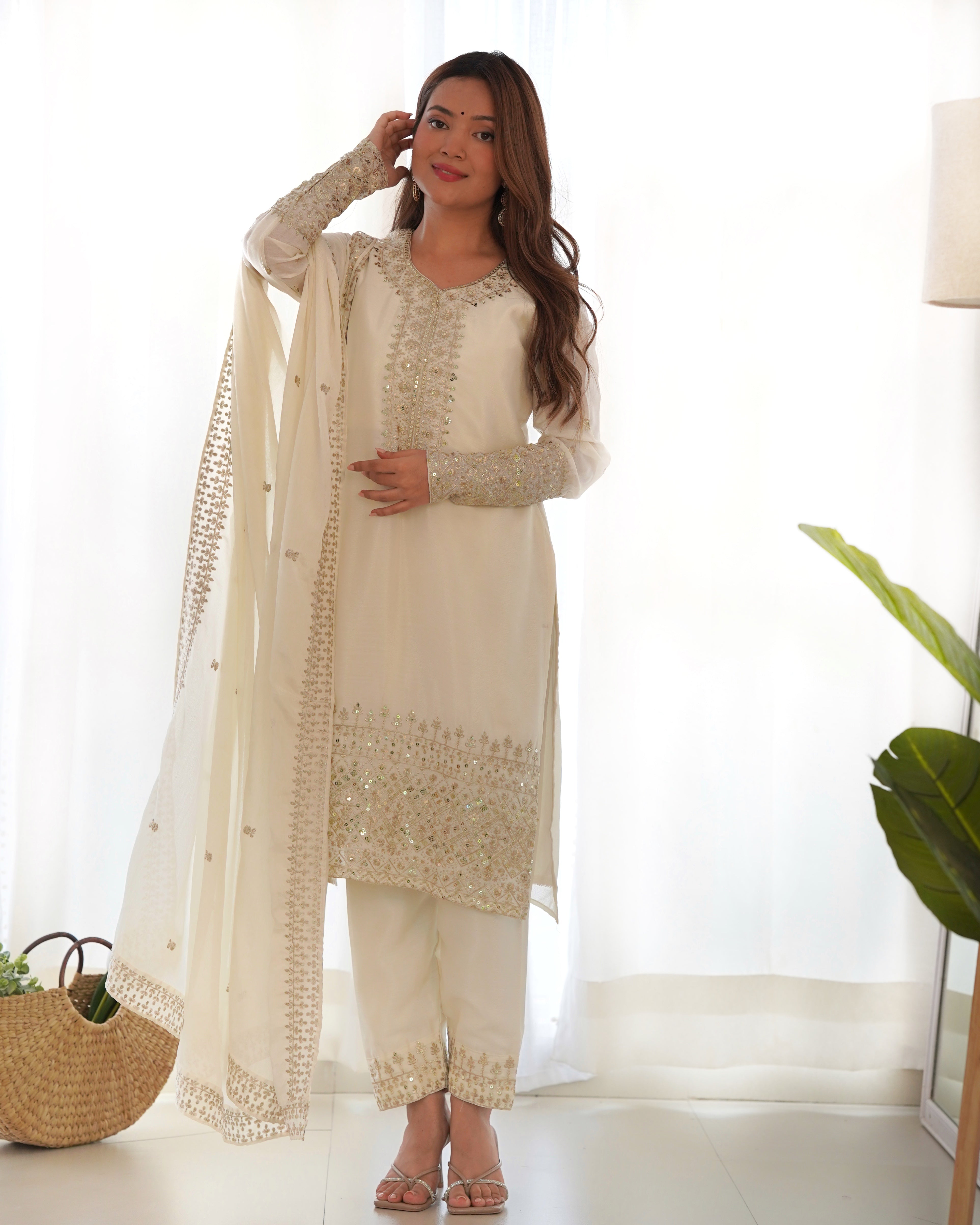 Lorenvalley Chinon Silk Embroidery Sequence zari work Kurta Pant with Dupatta Set - White