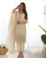 Thumbnail for Lorenvalley Chinon Silk Embroidery Sequence zari work Kurta Pant with Dupatta Set - White