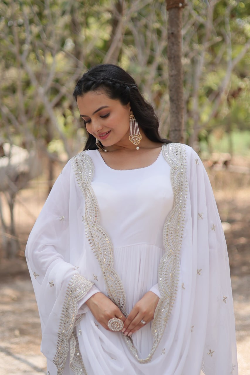 Evanik White Faux Blooming Gown With Dupatta With Rich Sequins Embroidered work