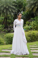 Thumbnail for Lorenvalley White Rayon Fabric With Kutchi Gamthi Lace Gown