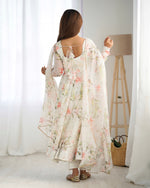 Thumbnail for Lorenvalley White Soft Organza Silk With Floral Print Fully Flared Anarkali Pant With Dupatta Set