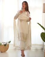 Thumbnail for Lorenvalley Chinon Silk Embroidery Sequence zari work Kurta Pant with Dupatta Set - White