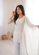 Thumbnail for Evanik Off White Crunchy Silk Embroidery Sequins And Zari Work Kurta Pants With Dupatta - Dista