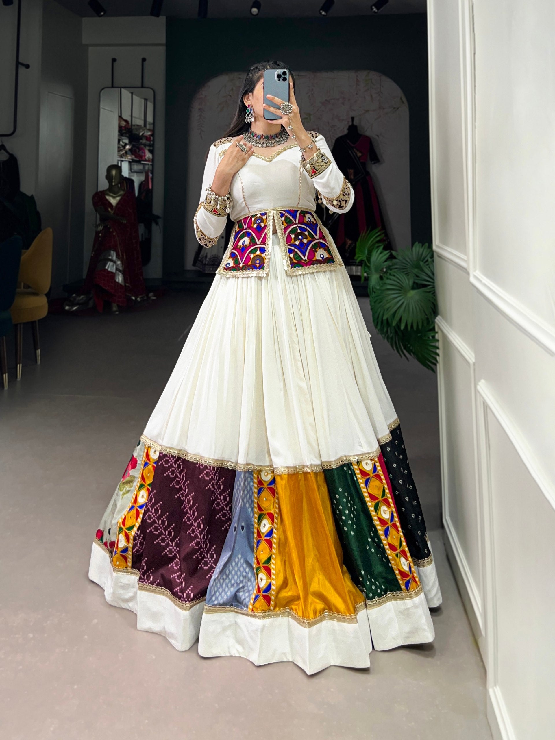 Lorenvalley White Rayon Plain With Embroidery And Gamthi Patch Work Lehenga Choli - Distacart
