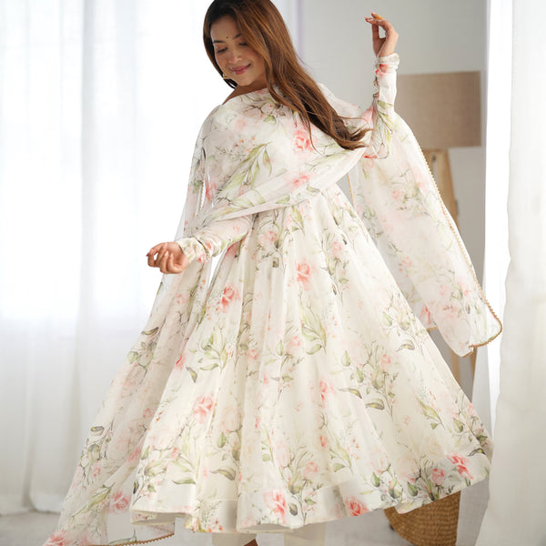 Lorenvalley White Soft Organza Silk With Floral Print Fully Flared Anarkali Pant With Dupatta Set - Distacart
