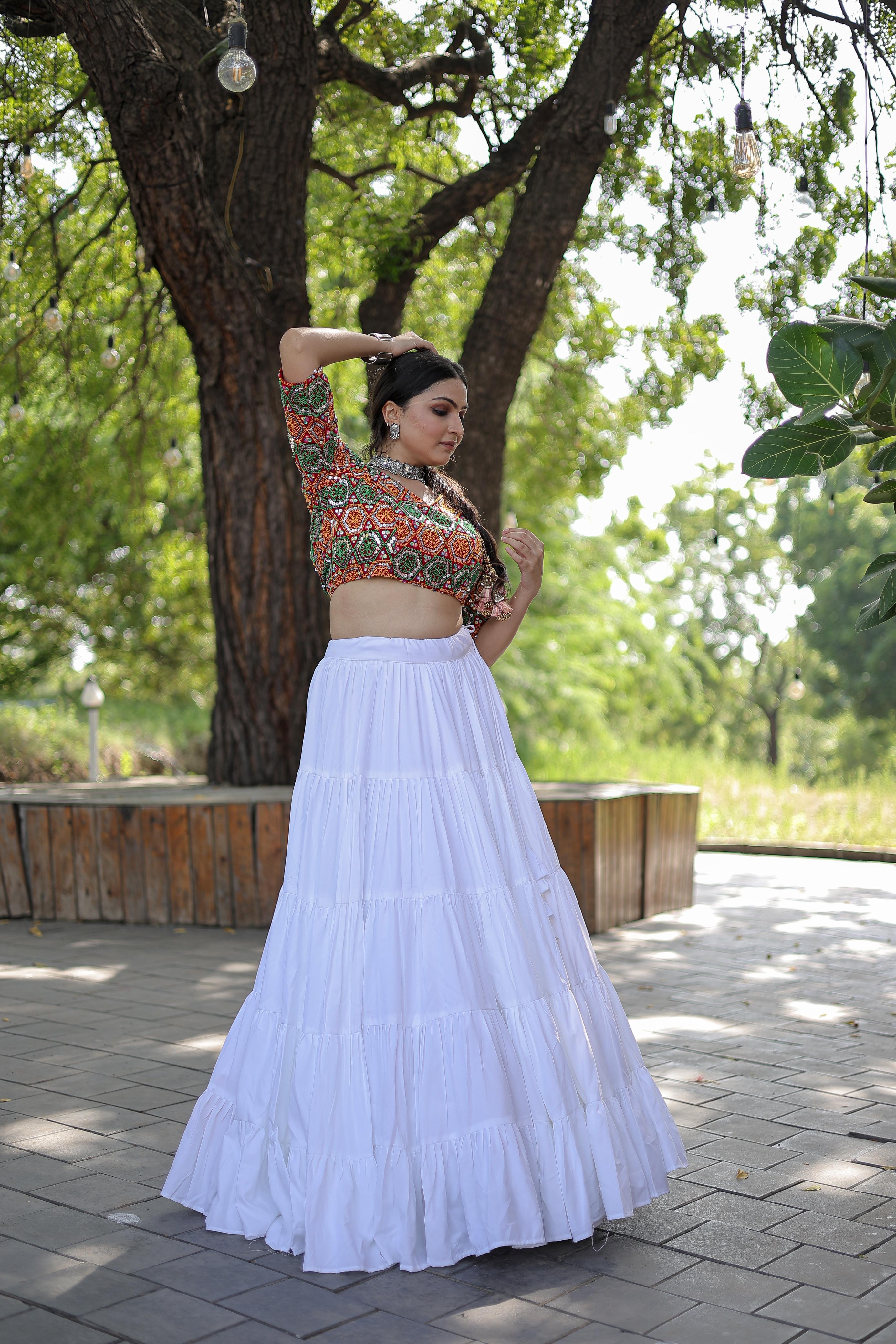 Lorenvalley White Premium Rayon Lehenga with Georgette Embroidered Traditional Thread work Choli - Distacart