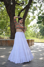 Thumbnail for Lorenvalley White Premium Rayon Lehenga with Georgette Embroidered Traditional Thread work Choli - Distacart