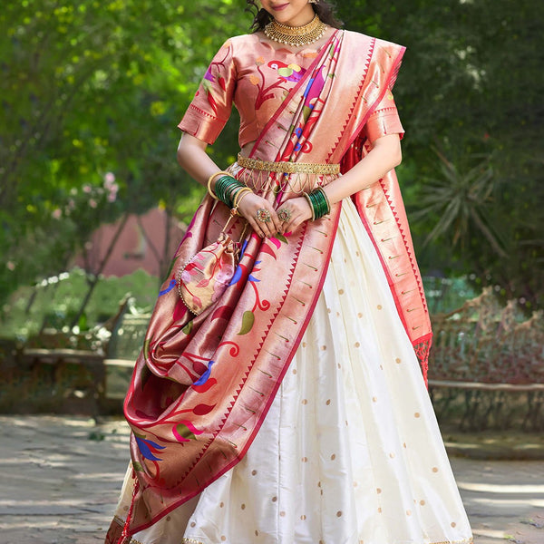 Lorenvalley White Jacquard Silk Paithani Weaving Zari Lehenga Choli with Dupatta - Distacart