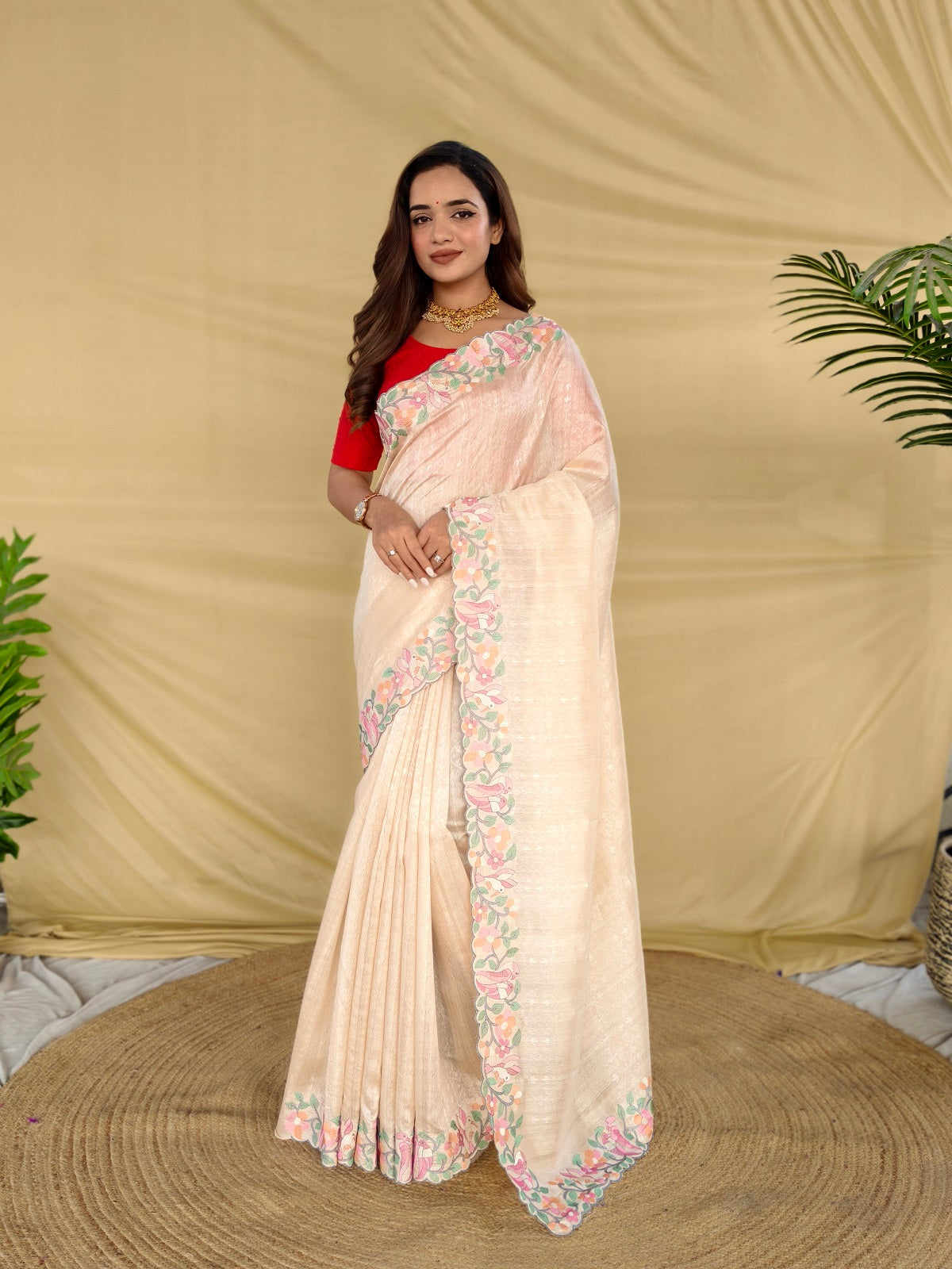 Mameraa Sarees Cream Tussar Saree With Contrast Embroidery With Running Blouse-Cream - Dista