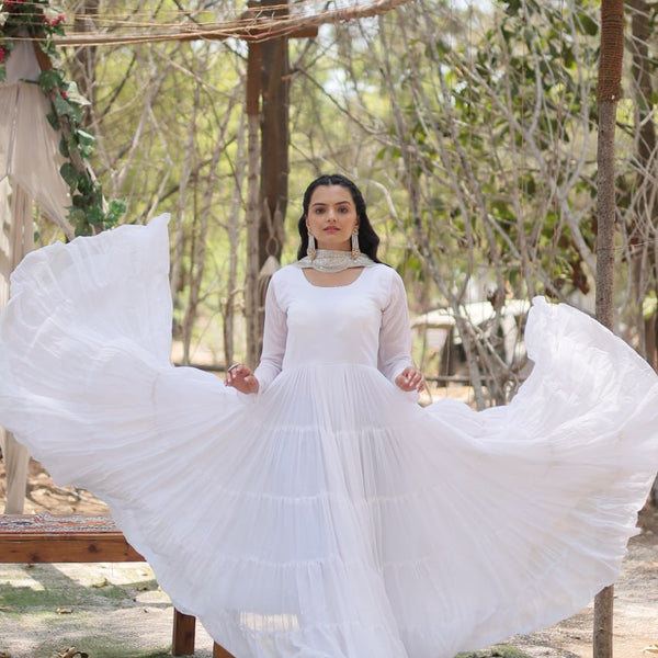 Evanik White Faux Blooming Gown With Dupatta With Rich Sequins Embroidered work