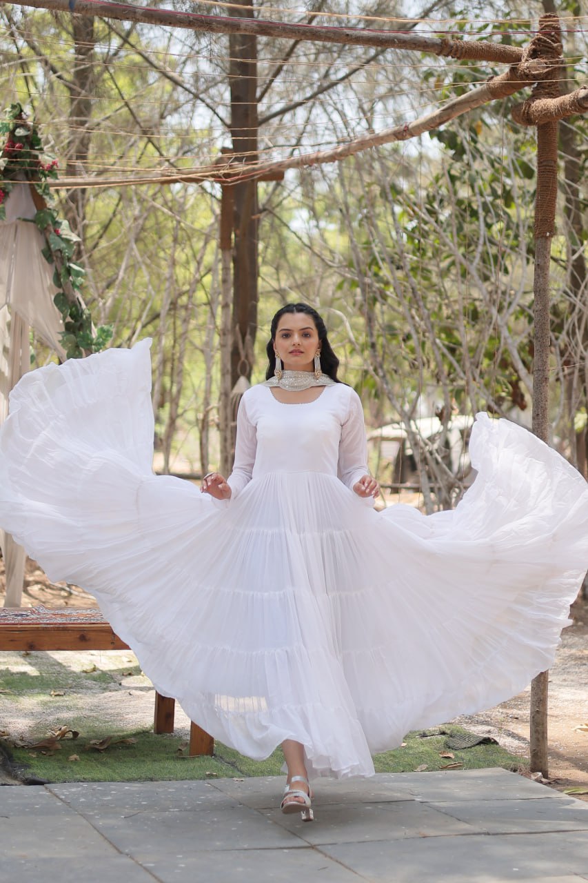 Evanik White Faux Blooming Gown With Dupatta With Rich Sequins Embroidered work - Distacart