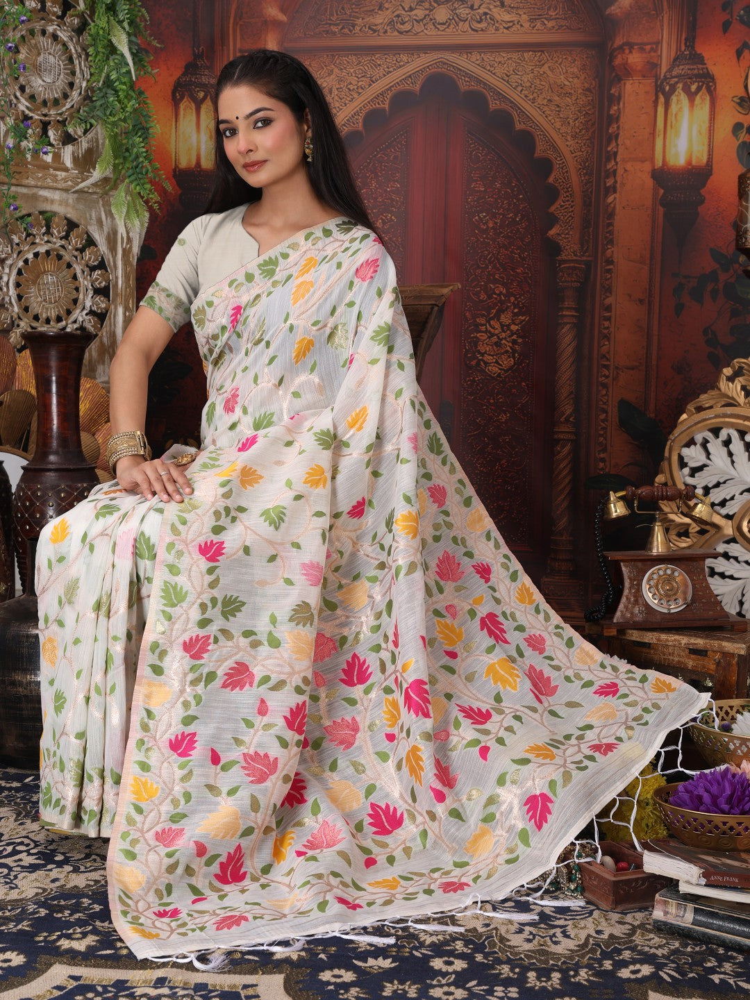Anaita White Linen Printed Saree With Blouse - Distacart