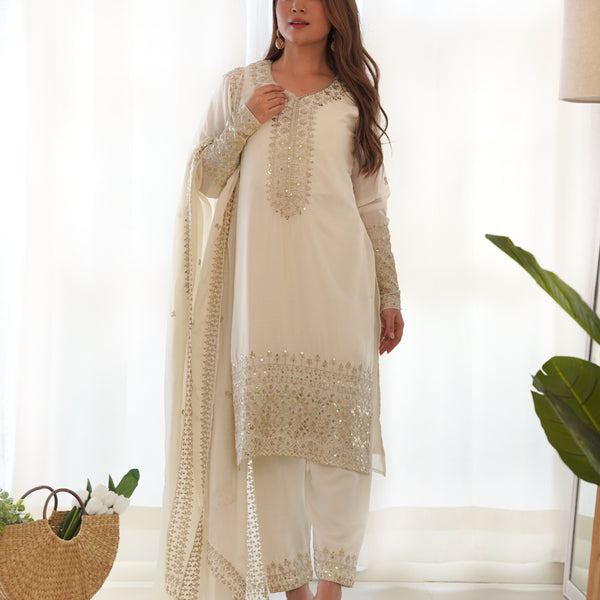 Lorenvalley Chinon Silk Embroidery Sequence zari work Kurta Pant with Dupatta Set - White - Distacart
