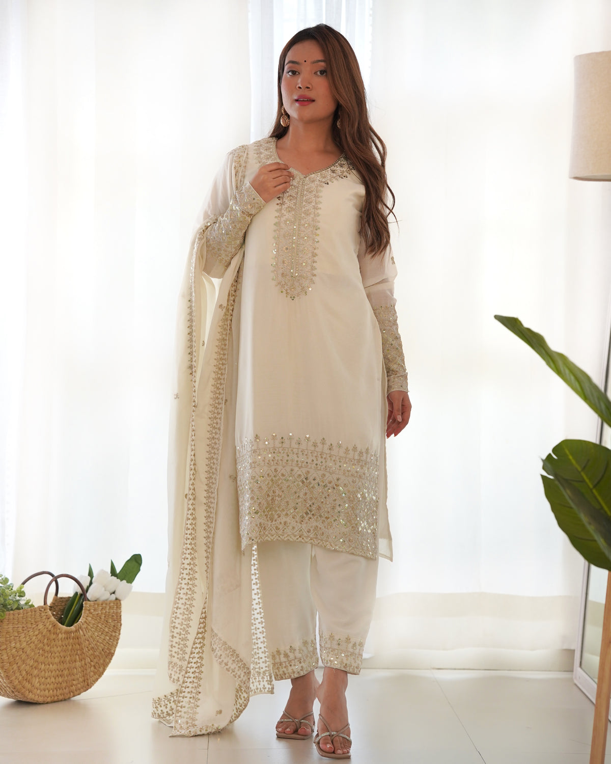 Lorenvalley Chinon Silk Embroidery Sequence zari work Kurta Pant with Dupatta Set - White - Distacart