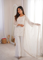 Thumbnail for Evanik Off White Crunchy Silk Embroidery Sequins And Zari Work Kurta Pants With Dupatta - Dista