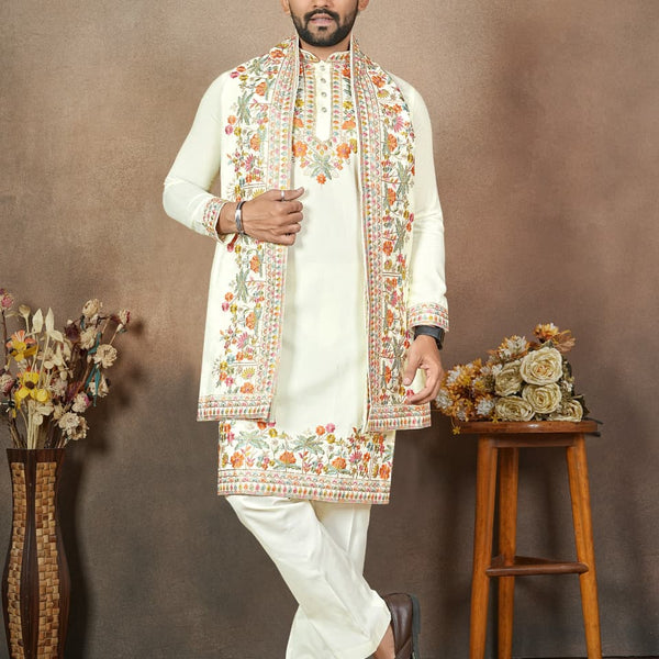 Anaita White Embroidery & Sequence Work Silk Straight Kurta Set - Distacart