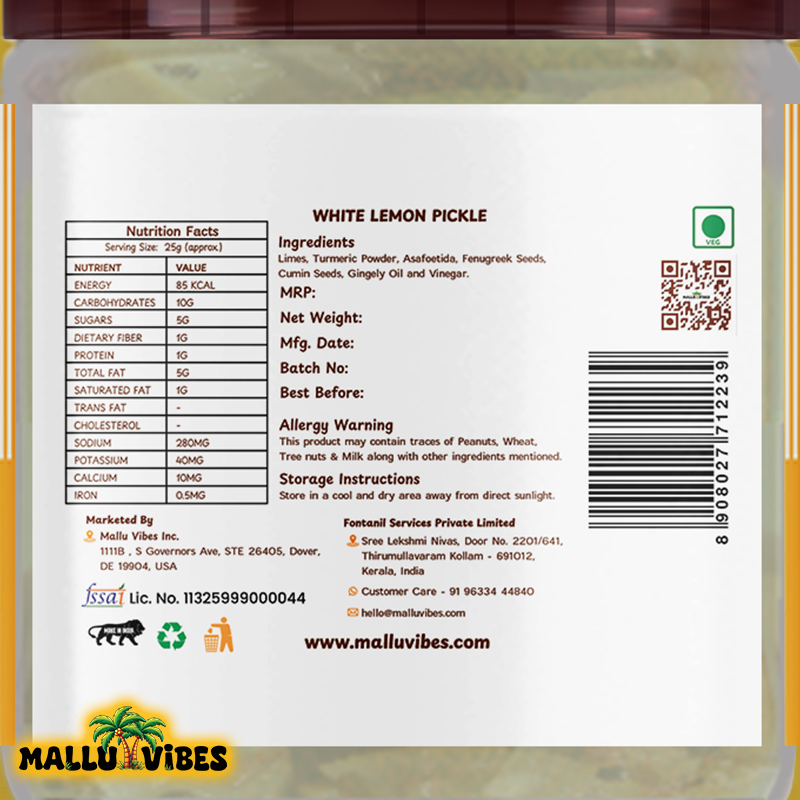 Mallu Vibes Home Made White Lemon Pickle