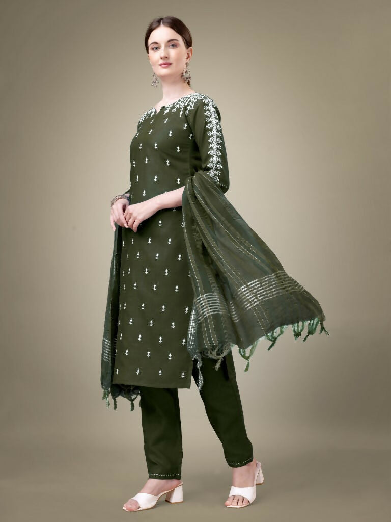 Jyoti Fashion Women's Dark Green Cotton Blend Embroidery & Sequence work Kurta with Trouser & Dupatta - Distacart