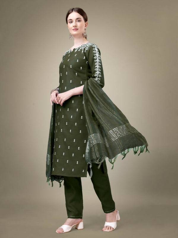 Jyoti Fashion Women's Dark Green Cotton Blend Embroidery & Sequence work Kurta with Trouser & Dupatta - Distacart