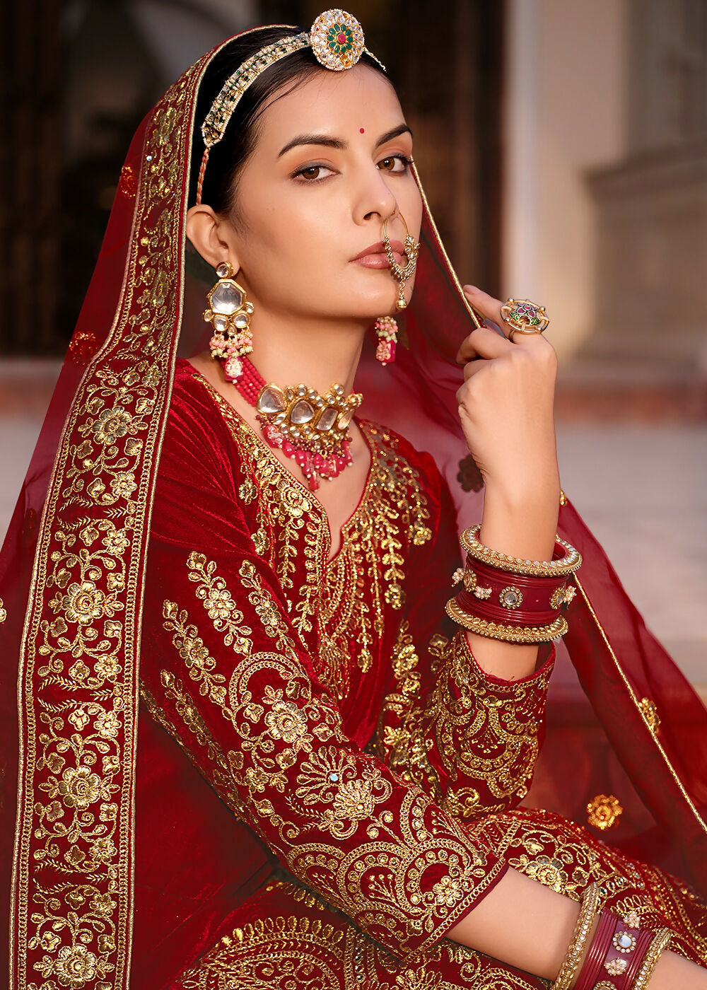 Maroon Velvet Front & Back Embroidery Wedding Anarkali Suit - Emponline - Distacart