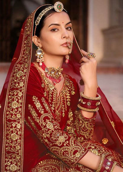 Maroon Velvet Front & Back Embroidery Wedding Anarkali Suit - Emponline - Distacart