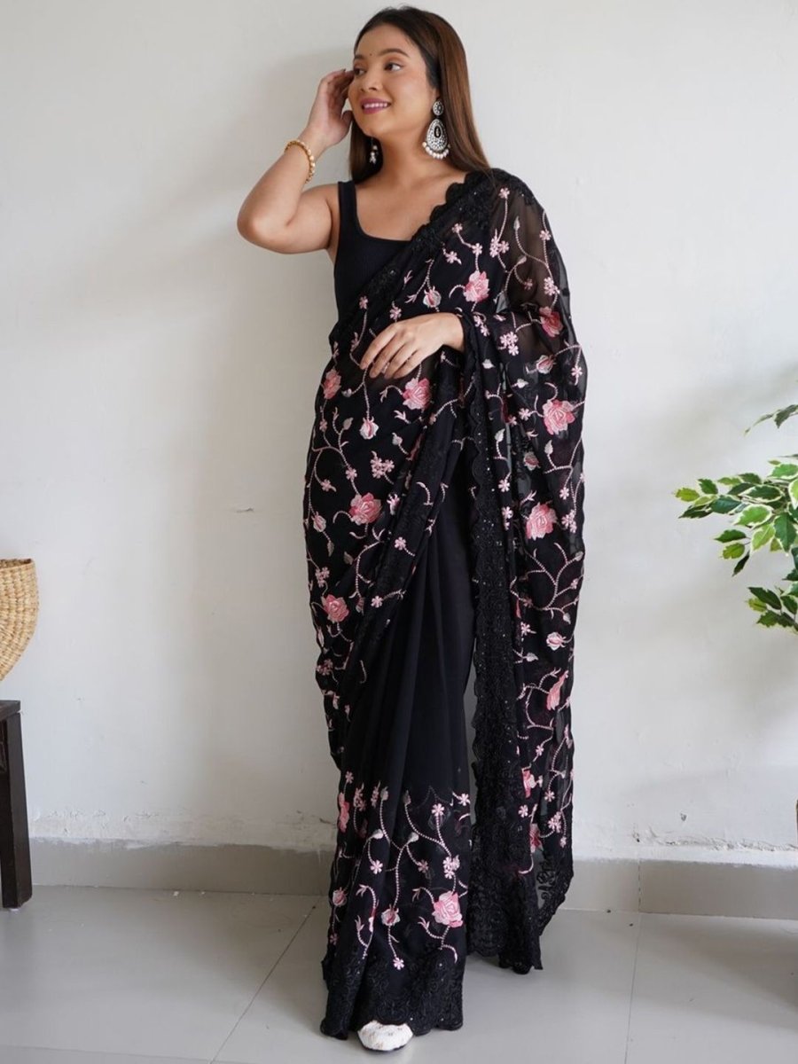 Anouk Floral Embroidered Pure Georgette Saree - Distacart