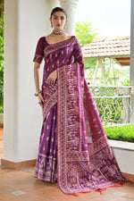Thumbnail for Vishnu Weaves Women's Wine Handloom Raw Silk Thread Weaving Saree with Blouse
