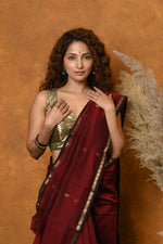 Thumbnail for Very Much Indian Handloom Pure Cotton Silk Saree With Sleek Golden Border - Maroon - Distacart