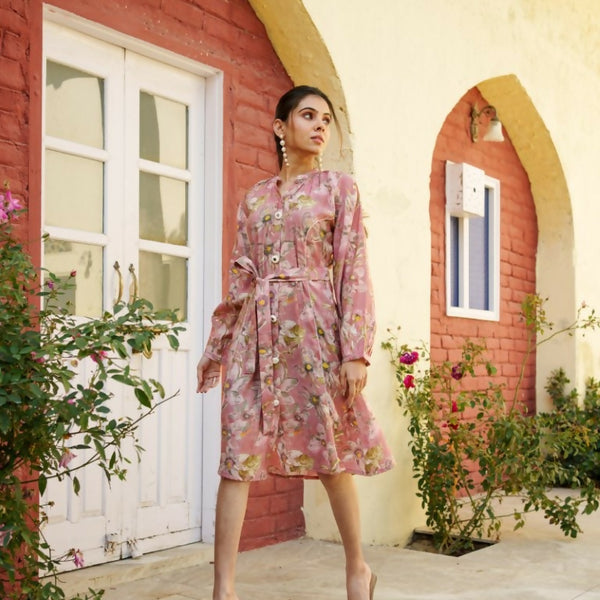 Vaasva Women Pink Muslin Floral Printed Knee Length Dress - Distacart