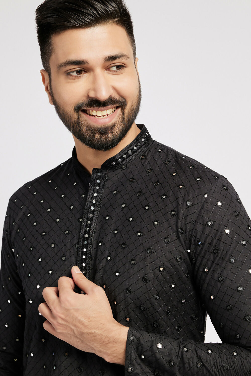 Ethnic India Black Men's Kurta Embellished Cotton - Distacart
