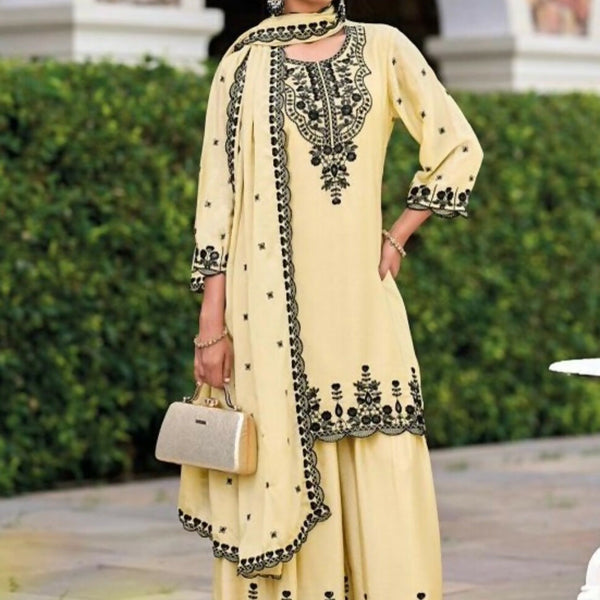 Anaita Beige Chinon Readymade Palazzo Suit with Heavy Embroidery Work - Distacart