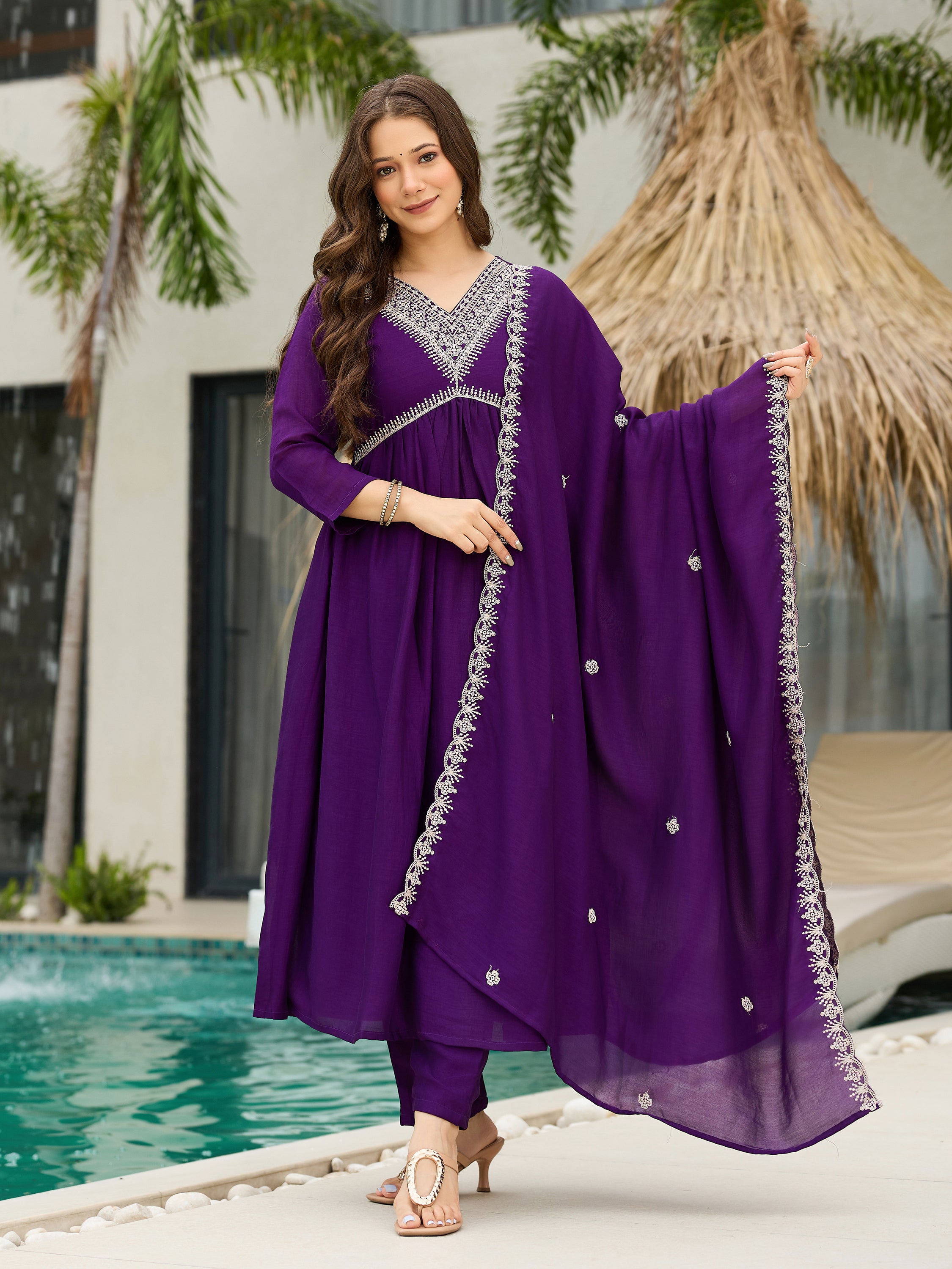 The52 Beautiful Embroidered Vichitra Silk Fabric Pleated Kurta, Pant and Dupatta Set