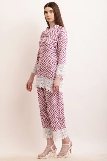 PAVONINE Wine Color Zig-Zag Printed with Lace Inserted Cord Set For Women - Distacart